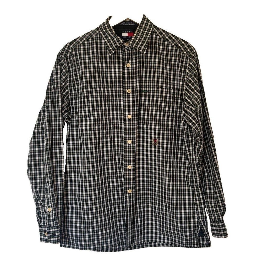 Vintage Tommy Hilfiger Plaid Check Shirt 90s Crest Logo Men's 100% Cotton Med